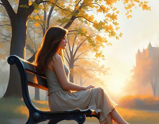 In this detailed, computer-generated image, a young woman with long, dark brown hair sits on a black park bench, her body facing the right side of the frame while her head is turned slightly towards the viewer. She wears a sleeveless, light brown dress that drapes elegantly down to her ankles, with her legs crossed at the knees. The bench is positioned in a serene park setting, surrounded by tall trees adorned with vibrant yellow and orange leaves, indicative of the fall season. The ground beneath her is covered in lush green grass, and the background features a majestic castle with four spires, partially obscured by the trees. The sky above is a light blue, with the sun casting a warm glow over the entire scene, enhancing the tranquil and picturesque atmosphere.