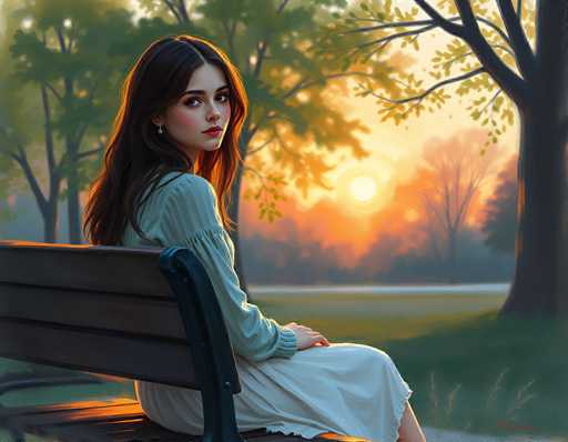 This detailed painting depicts a young woman, likely in her late teens or early twenties, sitting on a wooden park bench with black metal arms. She has long, dark brown hair that cascades down her back and is wearing a light blue dress with a white skirt. Her makeup includes red lipstick, and she has a small earring in her right ear. The woman is seated with her body facing away from the viewer, but her head is turned over her right shoulder, looking directly at us. Her right arm rests on her lap, while her left arm is not visible. The setting is a serene park with green grass and a backdrop of trees. The sky is painted in warm hues of orange and yellow, suggesting either sunrise or sunset, with the sun positioned just above the horizon. The overall scene is bathed in a soft, golden light, enhancing the tranquil and contemplative mood of the painting.