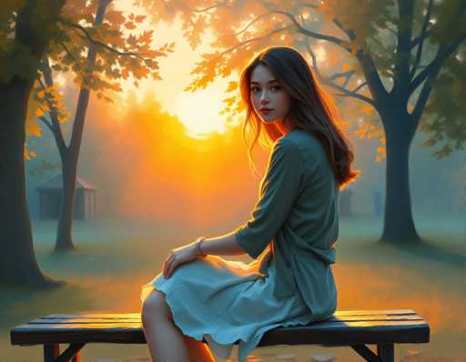 In this captivating image, a young woman is seated on a wooden bench, her body facing left while she turns her head to gaze directly at the camera. She is adorned in a light blue dress with sleeves that extend just past her elbows, and a bracelet graces her wrist. Her long, dark brown hair cascades down her back, complementing her fair complexion and striking red lips. The setting sun casts a warm, golden glow over the scene, illuminating the leaves of the trees in the background with a radiant orange hue. The sky is painted in soft shades of orange and yellow, adding to the serene atmosphere. To the left of the woman, a small building with a triangular roof stands, while to the right, a tall tree with lush green leaves adds depth to the composition. The ground beneath her is a blend of green and yellow, harmonizing with the overall warm tones of the image.