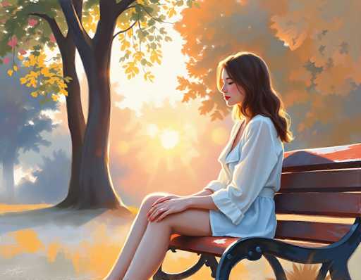 The image is a detailed painting of a young woman sitting on a park bench. She is positioned on the right side of the bench, facing left, with her legs crossed and her hands resting on her knees. The woman has long, wavy brown hair that cascades down to her shoulders, and she is wearing a white dress with a V-neck and long sleeves that reach her elbows. Her nails are painted pink, and she has red lipstick on. The bench she sits on is brown with black metal legs, and it is situated in a park setting.

In the background, there is a prominent tree with a thick trunk and branches extending in various directions. The tree's leaves are a mix of green, yellow, and orange, suggesting the onset of autumn. The ground beneath the bench is a blend of green and yellow hues, reflecting the fallen leaves. The sky above is a light blue, with the sun shining brightly in the center, casting a warm glow over the entire scene. The overall atmosphere of the painting is serene and peaceful, capturing a moment of quiet contemplation.