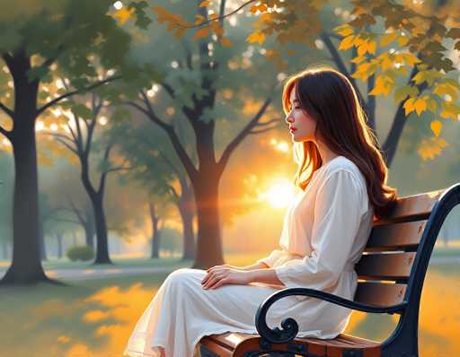 In this detailed and evocative image, a young Asian woman is seated on a wooden park bench with a black metal frame, positioned in the bottom right corner. She is dressed in a long, white, silky gown that extends to her ankles, with long sleeves that reach her wrists. Her dark brown hair cascades down her back, and she sits with her legs crossed, her hands resting gently on her lap. The woman gazes thoughtfully to the left, her expression serene and contemplative.

The setting is a tranquil park bathed in the warm hues of sunset. The ground is covered in green grass, interspersed with patches of yellow leaves, hinting at the autumn season. A gray sidewalk runs through the middle of the park, leading the eye towards the background. The sky is a gradient of orange and yellow, with the sun setting behind a dense line of trees. These trees, with their dark brown trunks and branches, are adorned with a mix of green and yellow leaves, some of which are gently falling to the ground. The overall atmosphere is one of peaceful reflection, beautifully captured in this moment.