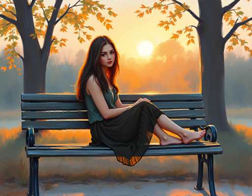 This image is a detailed painting of a young woman sitting on a black park bench with four horizontal slats and a curved back, positioned in the center of the scene. The woman, who has long dark brown hair cascading down her back, is wearing a green tank top and a long black skirt that reaches her ankles. She is barefoot, with her feet crossed and toes painted red. Her body is angled to the right, but she turns her head towards the viewer, her expression serene and contemplative. The bench is situated on a gray sidewalk, with tall grass and weeds in the background, tinged with orange hues. Flanking the bench are two large trees with brown trunks and branches adorned with green leaves, some of which have turned orange. The sky above is a gradient of yellow and orange, with the sun positioned slightly to the right of the center, casting a warm glow over the entire scene. The overall atmosphere is one of tranquility and natural beauty, captured in the soft, muted tones of the painting.