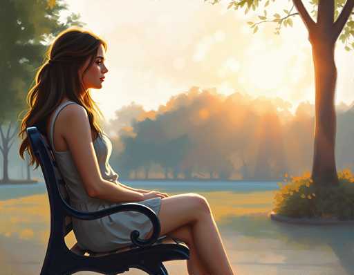 A woman is sitting on a black bench in a park, wearing a white dress and facing away from the camera with her hair pulled back into a ponytail. The background features trees and a sunset, creating a serene atmosphere.