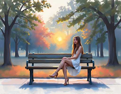 The image is a detailed painting of a young woman sitting on a park bench. She has long, wavy brown hair that cascades down to her waist and is wearing a white dress that falls just above her knees, paired with high-heeled sandals. Her legs are crossed as she sits on the bench, which is positioned on a gray sidewalk. The scene is set in a park with trees on both sides, their leaves displaying a mix of green, orange, and yellow hues, suggesting it is autumn. The background features a bright yellow sun, either rising or setting, casting a warm glow over the entire scene. The painting captures the serene and picturesque atmosphere of the park during the fall season.