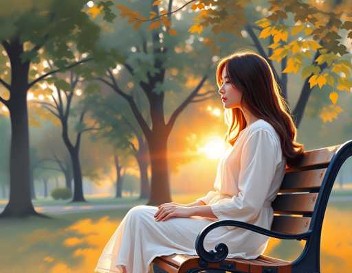 A woman is sitting on a bench in a park during sunset. She is wearing a white dress and has long brown hair. The trees around her have green leaves, suggesting the season to be fall or autumn.