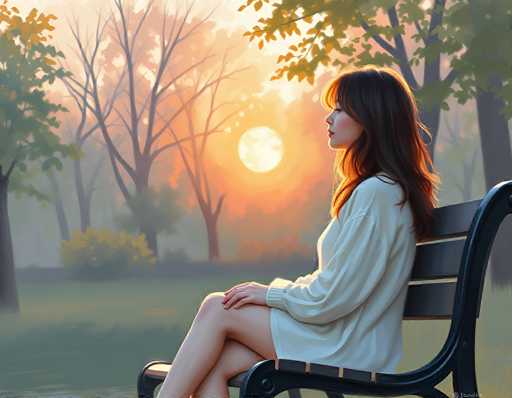 A young woman with long, dark brown hair sits on a black park bench, gazing thoughtfully into the distance. She is wearing a white dress that falls just above her knees, with long sleeves that reach her wrists. Her legs are crossed, and her hands rest gently on her lap. The scene is bathed in the warm, golden light of either sunrise or sunset, with the sun positioned directly in front of her, casting a soft glow. The sky is painted in hues of orange and pink, creating a serene atmosphere. Surrounding her are trees with sparse foliage, some bare, others adorned with green leaves. The ground beneath her is covered in grass, and a few bushes are scattered around. The overall setting exudes a tranquil and peaceful ambiance.