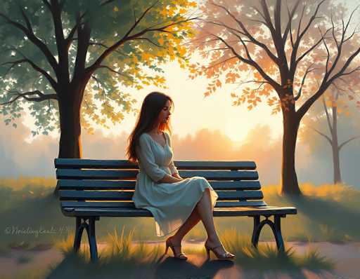 This image is a detailed painting of a woman sitting on a park bench. The woman, who has long dark hair, is wearing a white dress and high-heeled shoes. She is seated with her legs crossed, looking off to the right. The bench she sits on is black with six horizontal slats and is positioned on a gray sidewalk. Surrounding the bench is a grassy area with tall grass, and in the background, there are trees with green and orange leaves, suggesting an autumn setting. The sky is a light yellow, indicating either sunrise or sunset. The overall scene is serene and picturesque, with the woman appearing lost in thought as she gazes into the distance.