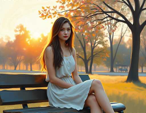 In this detailed and serene painting, a young woman with long, dark brown hair sits gracefully on a black wooden bench in a park. She is wearing a light blue, sleeveless dress that falls just above her knees, and her legs are crossed as she gazes directly at the viewer with a calm, composed expression. The setting is bathed in the warm, golden light of either sunrise or sunset, with the sun positioned low on the horizon, casting a soft glow over the scene. The background features a mix of trees adorned with orange and yellow leaves, some still green, indicating the early stages of autumn. The park's grass is a vibrant green, and a road can be seen in the distance, along with a small building and two people walking. The overall atmosphere is peaceful and picturesque, capturing a moment of tranquility in nature.