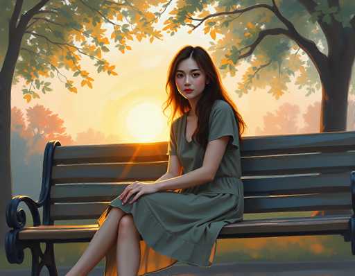 The image depicts a young Asian woman, likely in her late teens or early twenties, sitting on a park bench. She has long, dark brown hair that cascades down her back and over her left shoulder. Her complexion is fair, and she wears a light red lipstick that complements her natural beauty. She is dressed in a green dress with short sleeves and a V-neck, which appears to be made of a sheer, flowing fabric that catches the light. The bench she sits on is dark gray with a black metal frame, featuring a distinctive curly Q design on the armrests. The woman is positioned with her legs crossed, her right leg over her left, and her hands resting on her right knee. She gazes directly at the camera with a serene expression. The background showcases a picturesque park scene with trees adorned with green and yellow leaves, and a setting sun that casts a warm glow over the entire scene. The overall atmosphere is tranquil and inviting, capturing a moment of quiet reflection.