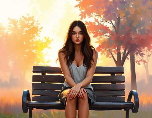 The image depicts a young woman, likely in her late teens or early twenties, sitting on a wooden bench with metal armrests. She has long, dark brown hair that cascades down to her chest, and she is wearing a light gray tank top paired with a dark gray skirt. Her hands are folded in front of her, resting on her knees, and she is adorned with a ring on her right hand. The woman has a serious expression, with her gaze directed straight ahead. The setting appears to be a park during the fall season, as evidenced by the trees in the background showcasing a vibrant mix of orange, yellow, and red leaves. The sky is a bright yellow, suggesting it might be sunrise or sunset. The bench is situated in a grassy area, with the overall scene bathed in a warm, golden light. The image has a slightly cartoonish quality, possibly indicating it is AI-generated or digitally painted.