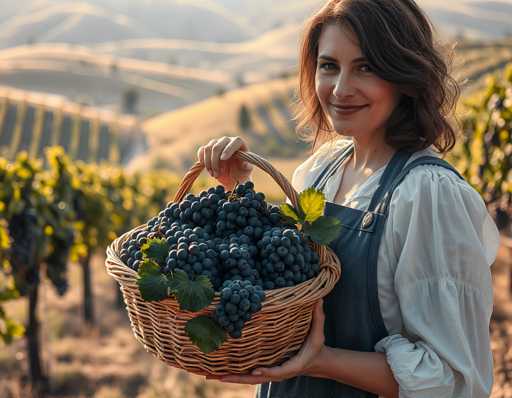 A woman stands in front of a vineyard, holding a basket filled with ripe black grapes. She is wearing a blue apron and has her hair styled in loose waves. The background features rows of grapevines stretching into the distance under a clear sky.