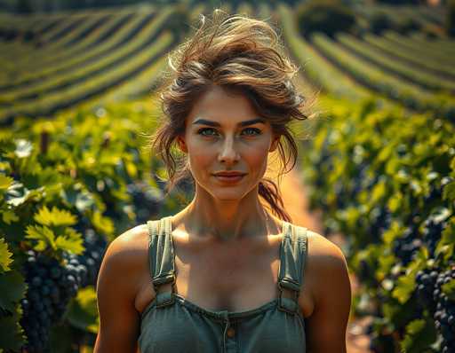 A woman with long brown hair is standing in a vineyard surrounded by rows of grapevines and green leaves. She is wearing a gray dress and has her hair styled in a messy bun. The background features the lush greenery of the vineyard, creating a serene and picturesque setting for the woman's portrait.
