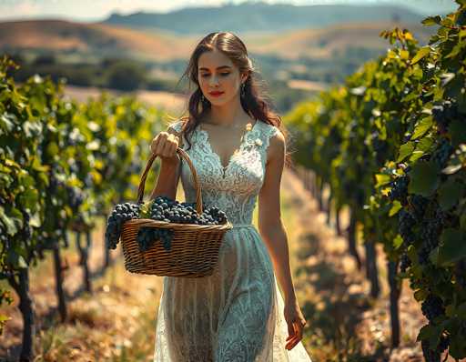 In this captivating photograph, a young woman stands gracefully in the middle of a sunlit vineyard, surrounded by rows of grapevines laden with dark purple grapes. She is wearing a sleeveless, white lace dress that complements her long, wavy brown hair, which cascades down her back. Her dress features a V-neckline and a sheer skirt adorned with delicate floral patterns. The woman's face is turned slightly downward, her eyes closed, as she gazes intently at the basket of grapes she holds in her right hand. The basket, woven from brown wood, is filled with plump, dark purple grapes, some of which spill over the edges. Her left arm hangs naturally by her side. The vineyard stretches out behind her, with rows of grapevines extending into the distance, framed by a backdrop of rolling hills and a clear blue sky. The scene is bathed in warm sunlight, casting a gentle glow on the woman's face and the lush greenery around her.