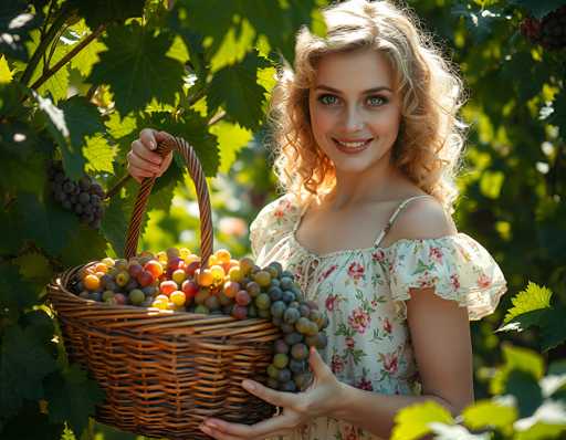 In this vibrant photograph, a young woman with long, curly blonde hair stands amidst a lush grapevine, bathed in sunlight. She is wearing a white dress adorned with pink and red floral patterns, and her off-the-shoulder design reveals her bare arms. Smiling warmly, she gazes directly at the camera, her makeup accentuating her blue eyes. In her hands, she holds a large, woven wicker basket overflowing with a colorful assortment of grapes—purple, red, yellow, and green. The background is filled with green leaves, some of which are illuminated by the sunlight, creating a serene and picturesque setting. The overall scene exudes a sense of joy and abundance, capturing a moment of harvest in a beautiful vineyard.