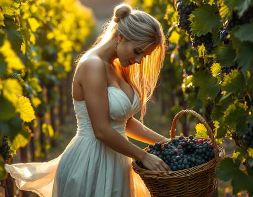 In this captivating photograph, a young woman with long blonde hair styled in a bun is seen picking grapes in a sunlit vineyard. She is wearing a strapless, white dress that complements her fair complexion and delicate silver earrings. The dress features a sheer, flowing tail that adds an elegant touch to her ensemble. The vineyard around her is lush with green leaves, and the sunlight bathes the scene in a warm, golden glow, highlighting the vibrant colors of the grapes. The woman is holding a large, woven basket filled with dark purple and blue grapes, which she has just picked from the vine. Her focused expression and graceful posture capture the serene beauty of the moment, making it a truly enchanting image.