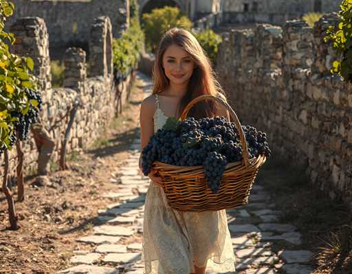 In this vibrant outdoor scene, a young woman with long, wavy blonde hair and blue eyes stands on a stone pathway, holding a large wicker basket brimming with dark purple grapes. She is wearing a light green, sleeveless dress that complements the natural surroundings. The pathway is flanked by stone walls, and to her left, a vineyard with grapevines stretches out, while to her right, a stone wall and a small grassy area can be seen. The background features a mix of trees and additional stone structures, adding depth to the picturesque setting. The woman, smiling warmly at the camera, appears to be in her early 20s and is the focal point of this serene and beautiful image.