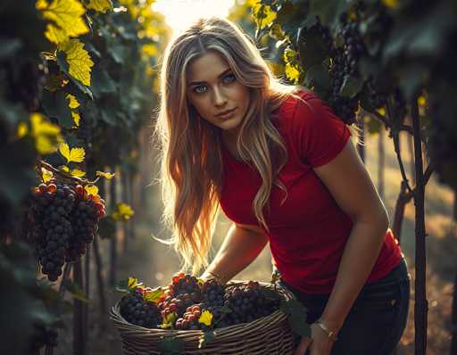 In this vibrant, sunlit vineyard scene, a young woman with long blonde hair and striking blue eyes stands amidst rows of grapevines, each laden with clusters of purple and red grapes. She is dressed in a red short-sleeved t-shirt and blue jeans, with a gold watch adorning her left wrist. The woman is captured in a moment of focused activity, bending over and reaching into a large, round wicker basket filled with freshly picked grapes, some still bearing green leaves. Her right hand is already inside the basket, while her left hand steadies it. The background is softly blurred, emphasizing the lush greenery and the sunlight that bathes the vineyard, creating a serene and picturesque atmosphere. The image, possibly AI-generated, exudes a sense of realism with its detailed depiction of the woman's features and the natural beauty of the vineyard.