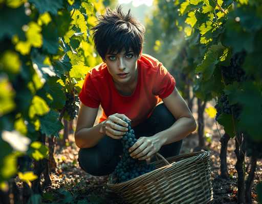 In this vibrant photograph, a young woman with short, spiky black hair and striking blue eyes is captured in the midst of harvesting grapes. She is crouched down in a lush vineyard, surrounded by rows of grapevines that stretch into the distance. Dressed in a red t-shirt and black pants, she holds a bunch of dark purple grapes in her right hand, while her left hand is poised to add more to the wicker basket resting on the ground in front of her. The basket is already half-full, indicating her diligent work. The sunlight filters through the leaves, casting a warm glow on the scene and highlighting the rich green foliage and the earthy brown soil. The woman's focused expression and the serene vineyard setting create a picturesque moment of agricultural labor.