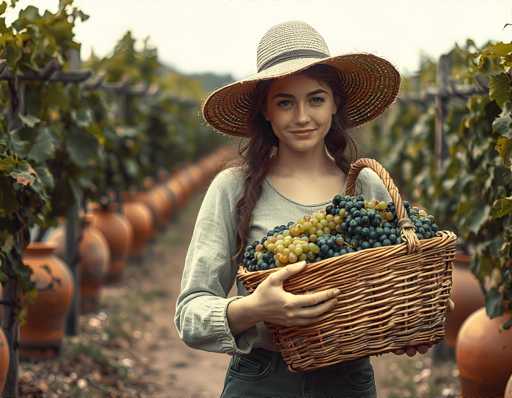 A woman wearing a straw hat and holding a basket filled with grapes stands on a dirt path surrounded by rows of grapevines.