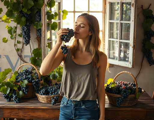 In this vibrant color photograph, a young woman with long, light brown hair stands in a sunlit kitchen, her eyes closed as she savorfully bites into a bunch of purple grapes. She is dressed in a gray tank top and blue jeans, with a gold button on her belt. The kitchen features a large wooden table behind her, laden with three wicker baskets brimming with grapes of various colors—purple, red, and green. Additional bunches of grapes hang from the ceiling, adding to the bountiful scene. The background showcases a white wall with a window framed in white, through which sunlight streams, illuminating the room. The overall composition captures a moment of serene enjoyment amidst a bountiful harvest.