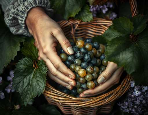In this detailed photograph, a pair of hands with light skin and beige nail polish are seen holding a woven basket filled with a variety of grapes. The hands, emerging from the sleeves of a gray sweater, are positioned with the left hand at the bottom and the right hand at the top, gently cradling the basket. The grapes inside are a mix of green, yellow, and purple hues, with some appearing slightly wrinkled. Surrounding the basket are large green leaves and clusters of small purple flowers, adding a natural and vibrant backdrop to the scene. The image captures the essence of harvesting, with the hands and basket centrally framed, highlighting the rich colors and textures of the grapes and foliage.