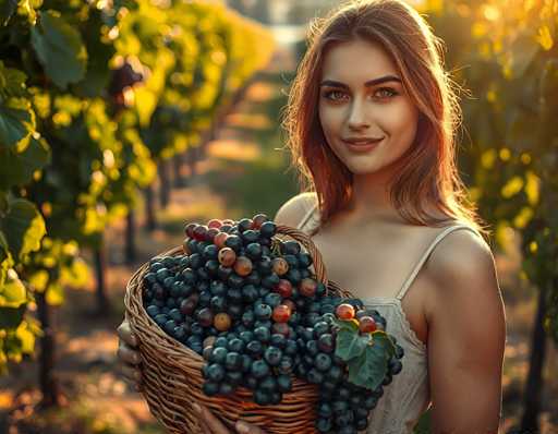 In this vibrant photograph, a young woman with long, reddish-brown hair stands proudly in a sunlit vineyard, holding a large wicker basket brimming with an assortment of grapes. The grapes, varying in hues from deep purple and blue to light red and green, are adorned with lush green leaves. The woman, who has fair skin and striking brown eyes, is dressed in a white tank top with thin straps. Her expression is one of joy, as she smiles warmly at the camera. The vineyard around her is a sea of green, with rows of grapevines stretching into the distance, their leaves glistening in the sunlight. The bright, sunny day casts a warm glow over the entire scene, highlighting the rich colors of the grapes and the verdant foliage.
