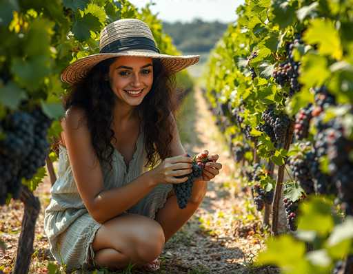 In this vibrant photograph, a young woman with long, dark brown hair is captured in the midst of harvesting grapes in a sunlit vineyard. She is kneeling on the ground, wearing a wide-brimmed straw hat adorned with a black band, which shades her face as she smiles warmly at the camera. Her attire includes a light-colored, sleeveless dress that complements the natural setting. The woman is holding a bunch of dark purple grapes in her hands, surrounded by rows of grapevines that stretch into the distance. The vineyard is lush with green leaves and ripe clusters of grapes, indicating a bountiful harvest. The scene is bathed in sunlight, with a clear blue sky overhead and a backdrop of distant trees, enhancing the serene and picturesque atmosphere of this vineyard.