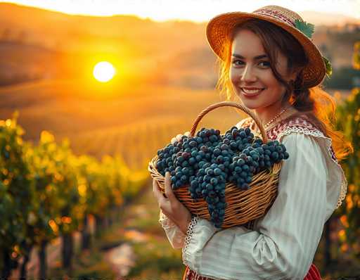 In this vibrant, sunlit photograph, a young woman stands in a picturesque vineyard, holding a large wicker basket brimming with dark purple and blue grapes. She is positioned on the right side of the image, facing the camera with a warm, inviting smile. Her long brown hair is styled in a braid that drapes over her shoulder, and she wears a wide-brimmed straw hat adorned with a red and white band and a green leaf. Her attire includes a white and gray striped blouse with a red checkered pattern on the shoulders, and she accessorizes with a pearl necklace. The background features rows of grapevines stretching into the distance, with the sun shining brightly in the top left corner, casting a golden glow over the entire scene. The overall composition captures the serene beauty of the vineyard and the joyous harvest moment.