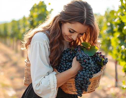 In this vibrant outdoor photograph, a young woman with long, wavy brown hair and light skin stands in the center of a sunlit vineyard. She is wearing a white blouse with lace detailing at the sleeves and a black skirt. The woman is holding a large, woven wicker basket filled with dark purple grapes, some of which still have green leaves attached. She gazes down at the grapes with a smile, her eyes partially closed, and her long eyelashes accentuating her content expression. The background is softly blurred, revealing rows of grapevines stretching into the distance, with the bright sunlight casting a warm glow on the scene. The overall atmosphere is one of tranquility and natural beauty, capturing a serene moment in the vineyard.