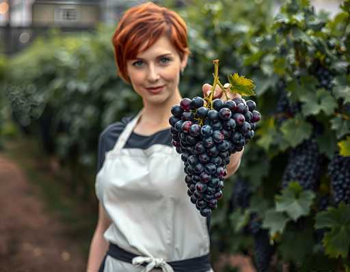 A woman with short, vibrant red hair is holding a large bunch of dark purple grapes. She's wearing a white apron over a black shirt and is looking directly at the viewer with a slight smile. The background is blurred, showing lush green grapevines and a hint of a building in the distance. The lighting is soft, highlighting the grapes and her face.