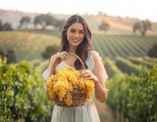In this vibrant outdoor photograph, a young woman with long, dark brown hair stands in the center of a lush vineyard, framed by rows of green grapevines. She is wearing a flowing, sleeveless white dress that complements the serene and natural setting. The woman is holding a large, round wicker basket brimming with golden-yellow grapes, which she lifts with both hands. Her radiant smile and direct gaze at the camera capture the essence of joy and abundance. The background, though slightly blurred, reveals a picturesque landscape with rolling hills, scattered trees, and distant mountains, all bathed in the warm light of a sunny day. The overall scene exudes a sense of tranquility and harmony with nature.