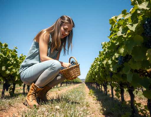 In this vibrant, sunlit vineyard, a young woman is captured in the midst of harvesting ripe grapes. She is kneeling on the grassy ground, her brown hair cascading over her shoulders, and dressed in a light blue jumpsuit paired with sturdy brown boots. Her face is lit up with a smile as she carefully places freshly picked purple grapes into a wicker basket held in her right hand. The vineyard stretches out behind her, rows of grapevines laden with lush green leaves and heavy clusters of grapes. The clear blue sky above adds to the serene and picturesque atmosphere of this idyllic scene.