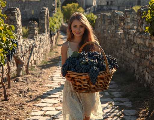 A young woman is walking down a stone path carrying a basket filled with grapes on her head. The basket has a handle and is brimming with dark purple grapes. She appears to be in motion, possibly heading towards a winery or market where the grapes will be sold.