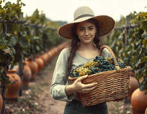 A young woman in a straw hat and long-sleeved shirt stands in a vineyard, holding a woven basket overflowing with grapes. She looks directly at the viewer with a gentle smile. The background is blurred, showing rows of grapevines and terracotta pots in the distance. The lighting is soft and warm, suggesting a sunny day.