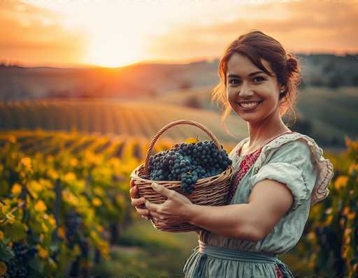 In this vibrant photograph, a young woman stands in a sunlit vineyard, holding a large wicker basket brimming with dark purple grapes. She is positioned on the right side of the image, facing the camera with a warm smile that reveals her teeth. Her reddish-brown hair is pulled back into a bun, and she wears a white blouse with a red patterned apron that has a lacy collar. The background features rows of grapevines stretching into the distance, with a picturesque view of rolling hills and a bright orange sky, suggesting either sunrise or sunset. The overall scene is bathed in warm, golden light, enhancing the rich colors of the grapes and the serene beauty of the vineyard.