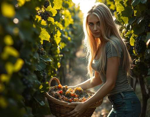 In this vibrant photograph, a young woman with long blonde hair cascading down to her waist stands in a sunlit vineyard, surrounded by lush green grapevines laden with ripe clusters of grapes. She is dressed in a gray t-shirt and blue jeans, and her face, adorned with makeup, reflects a serene and content expression as she looks directly at the camera. The sunlight bathes her from the top right corner, casting a warm glow over her and highlighting the rich greenery of the vineyard. In her hands, she holds a large wicker basket brimming with a colorful assortment of grapes in shades of red, yellow, orange, and purple, suggesting she has been joyfully harvesting them. The background is softly blurred, emphasizing the woman and her bountiful harvest, while the overall scene captures the essence of a beautiful, sunny day in the vineyard.