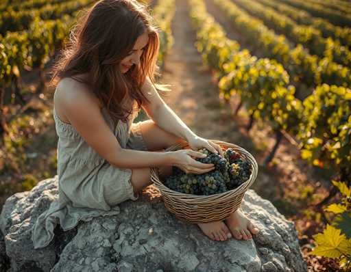 In this captivating photograph, a young woman with long, wavy brown hair sits barefoot on a large, gray rock in the middle of a sunlit vineyard. She is wearing a light gray, sleeveless dress that drapes elegantly over her shoulders and down to her knees. The vineyard stretches out behind her, with rows of grapevines extending into the distance, their green leaves illuminated by the bright sunlight. The woman is engaged in the serene task of picking grapes, her hands gently cradling a wicker basket filled with dark purple and green grapes. She smiles warmly as she looks down at her harvest, exuding a sense of peace and contentment. The scene is bathed in the golden hues of a beautiful day, with the vineyard's earthy tones and the lush greenery creating a harmonious backdrop for this tranquil moment.