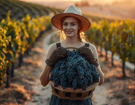In this vibrant photograph, a young woman stands proudly in the center of a sunlit vineyard, surrounded by rows of grapevines that stretch into the distance. She is holding a large wicker basket overflowing with dark blue grapes, which she supports with both hands. Her attire includes a wide-brimmed straw hat that shades her face, revealing her long brown hair styled in pigtails. She wears a blue dress and brown leather gloves, adding to her rustic charm. The vineyard around her is bathed in the warm, golden light of the setting sun, which casts a beautiful glow on the scene. The background is slightly blurred, emphasizing the woman and her bountiful harvest. The overall atmosphere is one of tranquility and abundance, capturing a moment of serene beauty in the countryside.