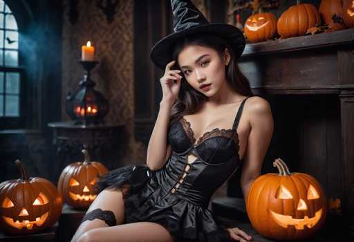 In this AI-generated image, a young Asian woman is depicted in a Halloween-themed setting. She is seated on the floor, leaning against a fireplace, and is dressed in a black corset with lace detailing, a black bra, and a frilly skirt. Her outfit is complemented by a witch's hat, and she wears black lace garters on her legs. The woman has long, dark brown hair and is looking directly at the camera with a serious expression. Surrounding her are several orange jack-o'-lanterns, some placed on the floor and others on a mantle behind her. The room is dimly lit, with a candle in a candle holder on a table to her left and a window with a bird perched on the sill. The overall atmosphere is dark and eerie, fitting the Halloween theme.