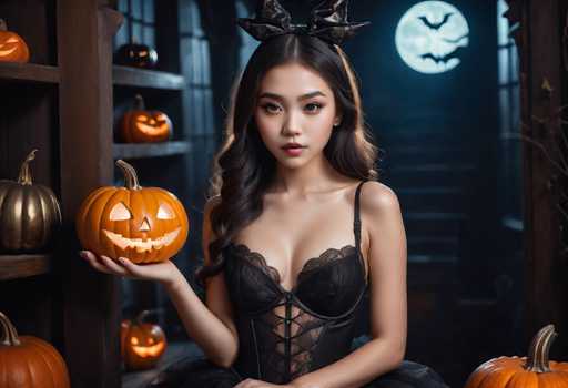 In this Halloween-themed photograph, a young Asian woman with long, wavy black hair adorned with a black bow tie sits on the left side of the frame. She is dressed in a black corset with lace detailing and a thin black strap over her left shoulder, complemented by a black skirt. Her right hand holds a carved jack-o'-lantern, while her left arm rests on her lap. The background features a dark, eerie setting with a large, glowing full moon in the top right corner, casting a bluish hue. Silhouettes of three bats are visible near the moon. Below the moon, a staircase ascends into the darkness. To the left of the woman, a wooden shelf displays several more jack-o'-lanterns, including a gold one. The overall atmosphere is spooky and festive, perfectly capturing the Halloween spirit.
