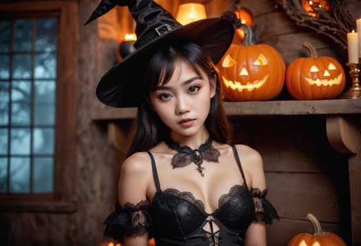 In this captivating Halloween-themed photograph, a young Asian woman stands poised in front of a rustic wooden wall, adorned with a shelf holding three illuminated jack-o'-lanterns. The warm glow from the pumpkins' candles casts a cozy ambiance, while a window to the left reveals a dark, moonlit night outside. The woman, with her long black hair cascading down her shoulders, wears a striking black witch's hat that complements her gothic attire. Her outfit features a black corset with lacy details and thin straps, accentuated by a lace choker around her neck. She gazes directly into the camera with a serious expression, her lips painted a subtle shade of pink. The overall scene is rich with Halloween spirit, highlighted by the glowing jack-o'-lanterns and the eerie yet enchanting atmosphere.