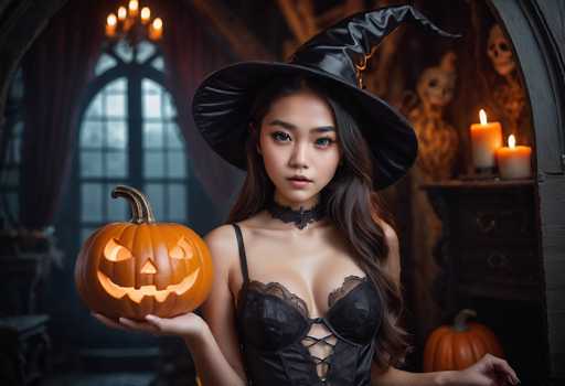 In this detailed Halloween-themed photograph, a young Asian woman stands at the center, exuding a captivating presence. She is adorned in a black corset with lace cups and crisscross lacing at the front, complemented by a choker collar. Her long, dark brown hair cascades down to her waist, partially tucked under a large, black witch's hat that points to the right. She holds a carved jack-o'-lantern in her right hand, which is illuminated from within, casting a warm glow. Her left hand rests on a wooden table to her right, which is adorned with two lit candles and a smaller jack-o'-lantern. The background reveals a dark, eerie room with a large window draped in red curtains, allowing a faint light to filter through. A chandelier hangs from the ceiling, and a wooden dresser with more candles and skulls is visible to the right. The overall ambiance is both spooky and enchanting, perfectly capturing the Halloween spirit.