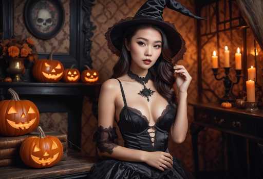 In this AI-generated Halloween-themed image, a young Asian woman is seated in the center, adorned in a striking black witch's costume. Her attire includes a corset-like top with thin straps, a lace choker featuring a star pendant, and a black witch's hat. She has long, dark brown hair cascading over her shoulders and wears red lipstick. Her right arm is bent at the elbow, with her hand resting on her hip, while her left hand touches the brim of her hat. The background is richly detailed with a brown diamond-patterned wallpaper. To her left, a wooden table holds two carved pumpkins, and a shelf above displays three more jack-o'-lanterns. A gold vase with orange flowers sits nearby. On her right, a brown desk supports a candelabra with four lit candles, casting a warm glow. The overall ambiance is dark and eerie, perfectly capturing the Halloween spirit.