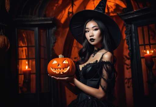 In this Halloween-themed photograph, a young Asian woman stands in the center, exuding an eerie and captivating presence. She is adorned in a black witch's hat and a black dress with lace detailing on the shoulders, complemented by a choker necklace. Her long, dark hair cascades down her back, and her lips are painted a deep, dark shade, possibly black or dark red. She holds a small, orange pumpkin with a carved face, featuring triangular eyes, a triangular nose, and a jagged mouth, in her right hand. Her expression is serious, adding to the spooky atmosphere.

The background is dimly lit, with a dark orange hue that enhances the Halloween mood. Behind her, there are two windows with black frames, each holding a lit candle in a candlestick holder. The left window has a single candle, while the right window has two candles. Additionally, a small pumpkin is hanging on the left side of the image. The overall setting, combined with her attire and the pumpkin, creates a classic Halloween scene.