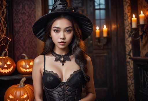 In this detailed photograph, a young Asian woman, likely in her early 20s, is dressed in a Halloween witch costume. She stands in the center of the image, facing the camera directly. Her long, dark brown hair cascades over her shoulders, and she wears a wide-brimmed black witch's hat adorned with a small black bow. Her attire includes a black corset laced up the front, paired with a black lace choker that features a gold pendant. Her makeup is subtle, with light pink lipstick and brown eyes.

The setting appears to be a dimly lit room, possibly a living room or a dining room, with a dark, wooden door in the background. The walls are covered in wallpaper with a floral pattern, and there are windows on either side of the door. To the left of the woman, three orange jack-o'-lanterns with carved faces and glowing insides are arranged on a table. On the right side, a candelabra holds three lit candles, adding to the eerie ambiance. The overall scene is rich with Halloween decorations, enhancing the festive and spooky atmosphere.