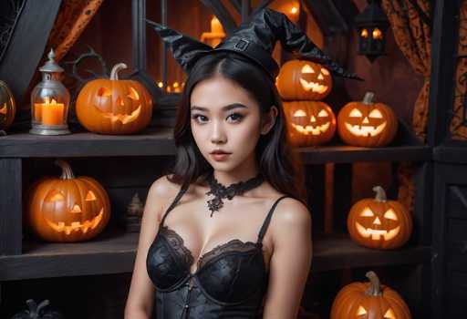 In this Halloween-themed photograph, a young Asian woman with long, dark hair and striking blue eyes stands at the center, exuding a gothic charm. She is dressed in a black corset with thin straps and a lace choker adorned with a small pendant. Atop her head, she wears a distinctive witch's hat that is black with a belt and features a pointed ear on the left side. The background is richly detailed with a black shelf holding several carved jack-o'-lanterns, some of which are illuminated from within. To the left of the shelf, a lit candle in a glass holder adds to the eerie ambiance. The setting appears to be a dark, possibly medieval-themed room, with additional jack-o'-lanterns and a hanging lantern visible in the background. The overall scene is dark and moody, perfectly capturing the Halloween spirit.
