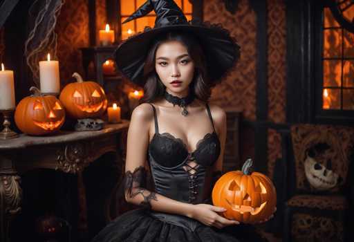 A woman dressed as a witch is seated on a chair with her hands resting on her lap and holding an orange pumpkin. The room around her features several carved jack-o-lanterns placed in various locations, including the center of the image and to the left side.