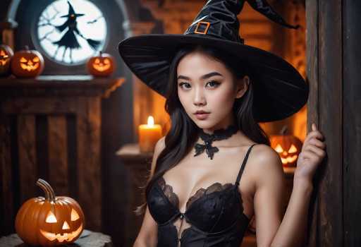 In this AI-generated Halloween-themed image, a young Asian woman stands in the foreground, exuding confidence and charm. She is adorned in a black lacy negligee with thin straps, complemented by a black lace choker featuring a bow tie. Her long, dark hair cascades down, and she wears a large, black witch's hat with an orange buckle, adding a whimsical touch to her ensemble. Her makeup is meticulously applied, enhancing her striking features.

The background is rich with Halloween decor, creating a spooky yet festive atmosphere. To the left, a wooden table holds a carved jack-o'-lantern with a glowing candle inside, casting a warm light. Behind her, a wooden wall is adorned with more jack-o'-lanterns, also illuminated from within. A lit candle on a small table adds to the eerie ambiance. Further back, a wooden mantle supports additional jack-o'-lanterns, and a window reveals a silhouette of a witch flying against a full moon, completing the haunting scene.