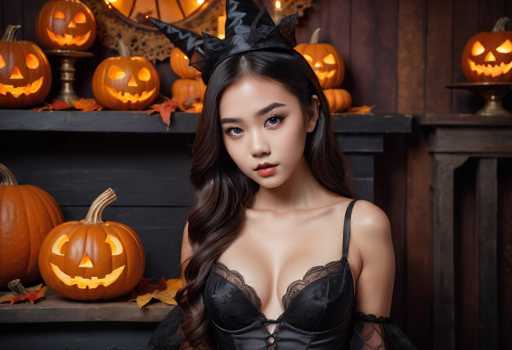 In this detailed photograph, a young Asian woman with long, dark brown hair and striking blue eyes is dressed in a Halloween witch costume. She wears a black witch hat and a black corset with lace detailing, complemented by black garters on her arms. Her makeup is meticulously applied, featuring red lipstick and dramatic eyeliner. The woman stands in front of a dark wooden wall adorned with a black shelf, which holds several orange jack-o'-lanterns with carved faces. Additional pumpkins are scattered on the floor around her, enhancing the spooky Halloween atmosphere. The overall scene is richly detailed, with the dark wood and orange pumpkins creating a vivid contrast against her black attire.