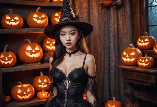 In this detailed photograph, a young Asian woman stands at the center, exuding confidence in a Halloween-themed outfit. She wears a black corset with lace sleeves that extend from her elbows to her wrists, complemented by a choker necklace. Her long, dark brown hair cascades down to her chest, and she dons a classic black witch's hat adorned with a buckle at the front. Her makeup is meticulously applied, featuring dark eyeshadow and lipstick, enhancing her striking features.

The background is rich with Halloween decor, featuring numerous illuminated jack-o'-lanterns. To her left, a wooden shelf displays three rows of glowing pumpkins, while to her right, a wooden table holds two more lit pumpkins. Additional pumpkins are scattered on the floor behind her, adding to the festive atmosphere. The setting appears to be a cozy room with a window on the right side, framed by a brown curtain. The overall ambiance is warm and inviting, with the soft glow of the jack-o'-lanterns providing a captivating contrast to the dark elements of her attire.